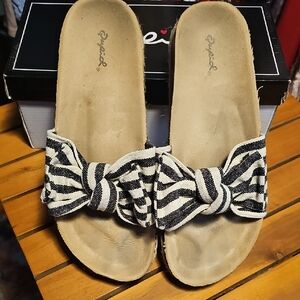 Cupid Black & White Striped Bow Slide Sandals